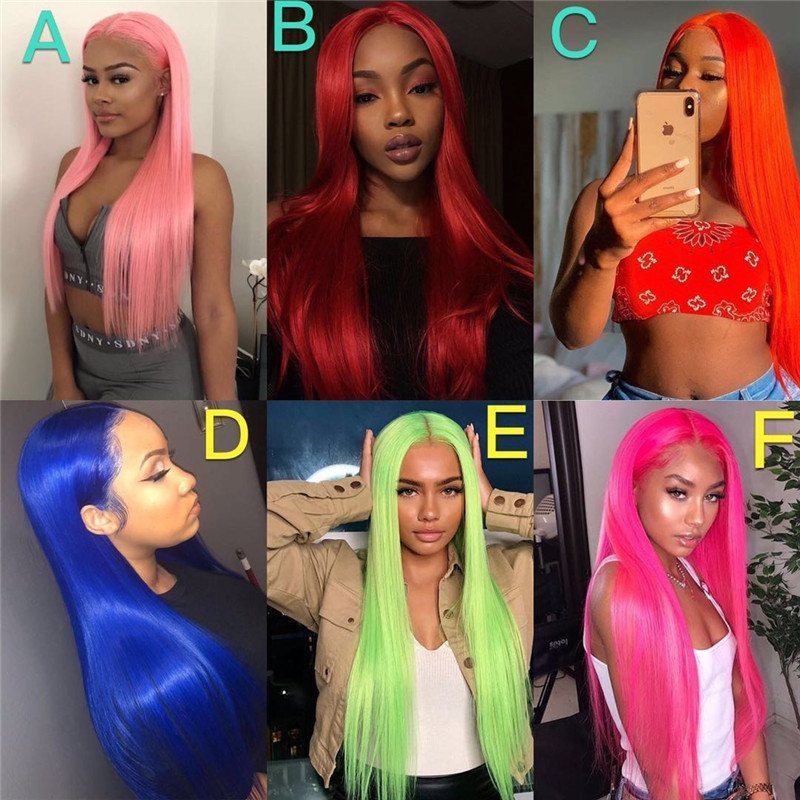 Hot Pink Red Green Blue Yellow Colour Profusion Human Virgin Hair Straight Wave Pre Plucked Lace Front Wig