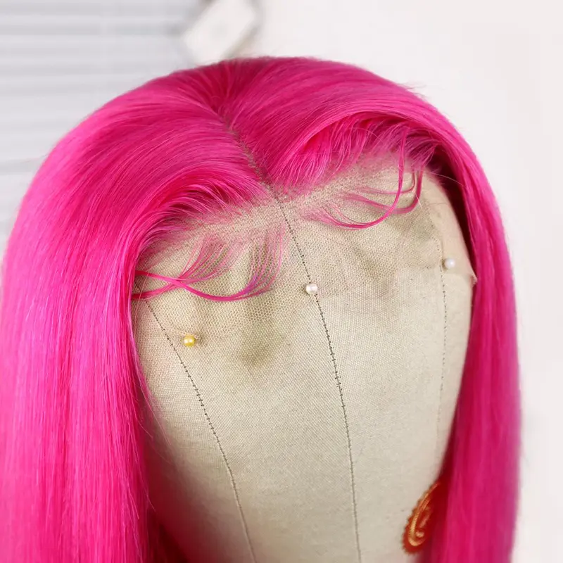 Dark Pink Long Straight Lace Front 13x4 T Part LaceGlueless Rose Pink Wig Pre-Pluck Hairline Virgin Human Hair