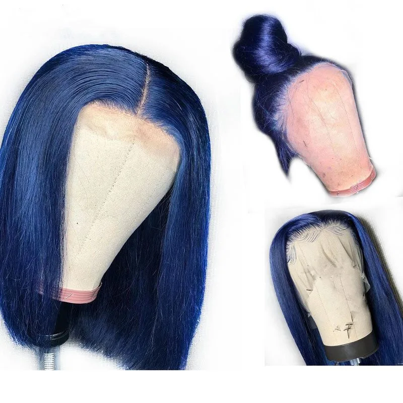 Blue Bob Human Hair Wig Colored Short Bob Wig Dark Blue Straight Bob Lace Front Wigs Lace Front Human Hair Wigs For Women