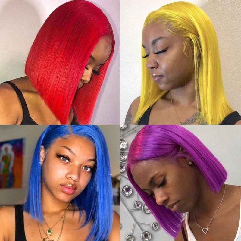 Colored Short Bob Yellow Red Blue Orange Pink Purple Lace Front Virgin Human Hair Wigs