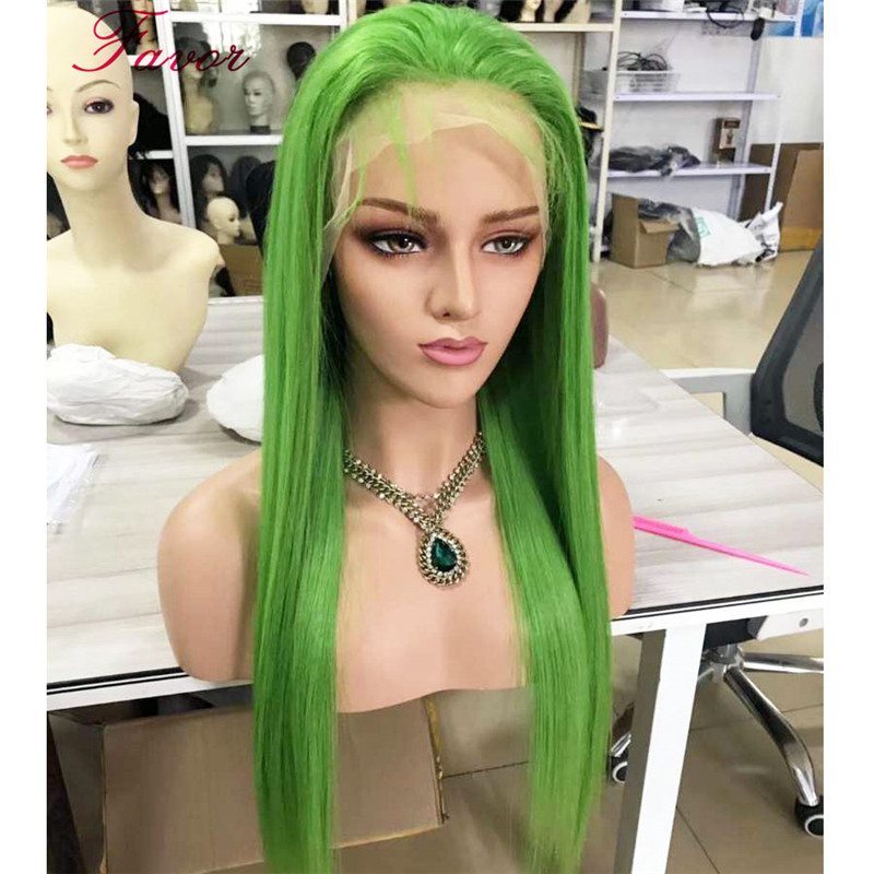 Brazilian 13x4 Pink GreenTransparent Lace Front Human Hair Wig Remy Straight Hair Wig 180% Density