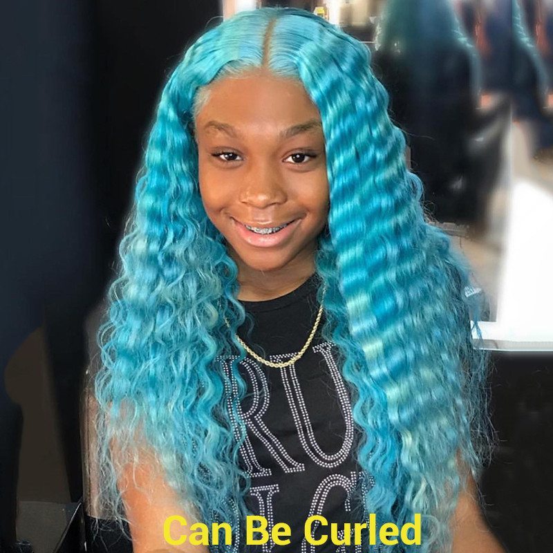 Light Blue Human Hair Wigs For Women Brazilian Remy Transparent Lace Wigs Long Straight Lace Front Wig Blue Colored Wigs 180