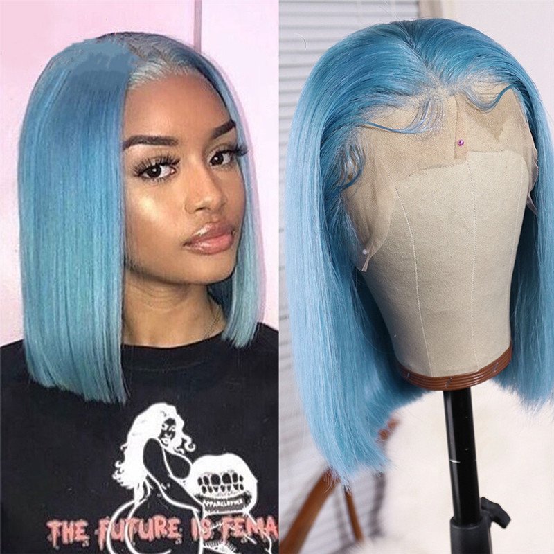 Light Blue Short Bob Wig Brazilian Lace Front Wig Preplucked Short Human Hair Bob Wigs For Black Women