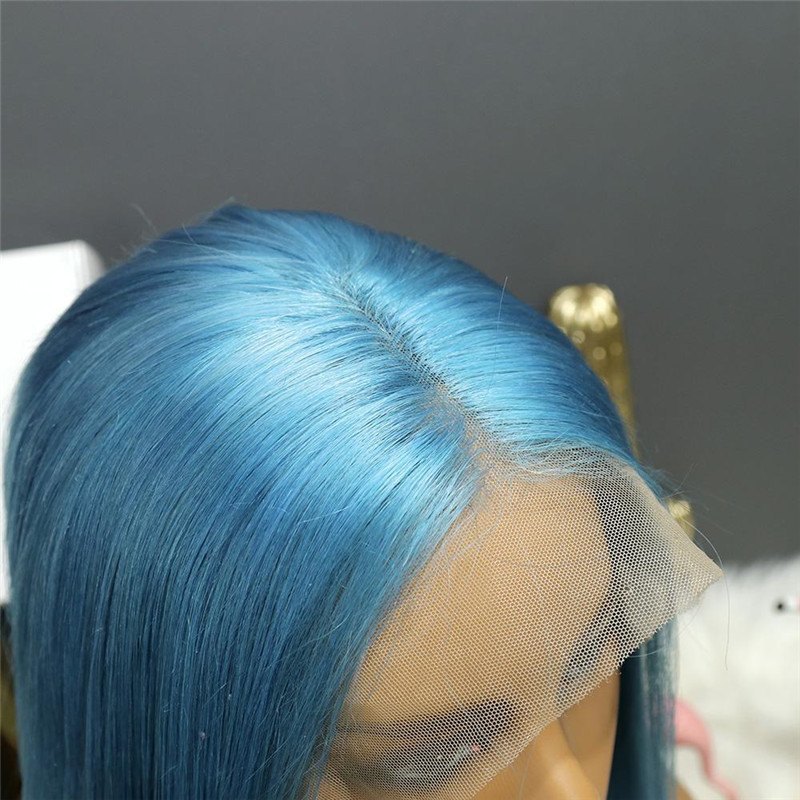 Long Straight Light Blue Straight Lace Front Wig Pre-Pluck Hairline Brazilian Virgin Human Hair Transparent Lace Wigs Long Straight Lace Front Wig Blu