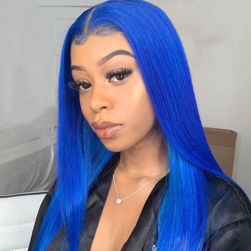 Blue Straight Wig Human Hair Remy Brazilian Part Lace Wig Blue Colored Wigs Transparent Lace Front Human Hair Wigs Pre Plucked