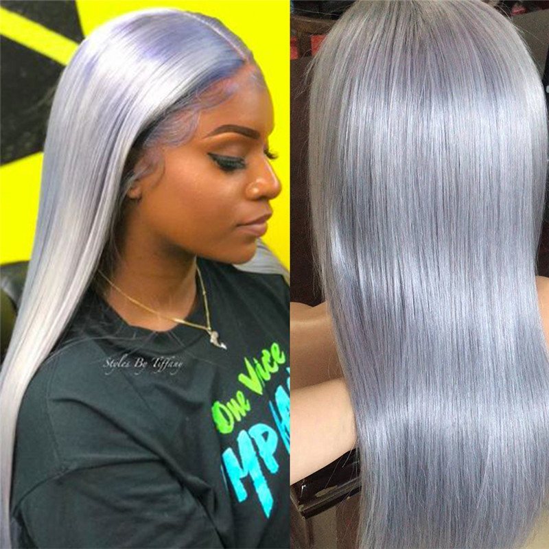 Sliver Grey Long Straight Wig Human Hair with Baby Hair Lace Front Wig for Women