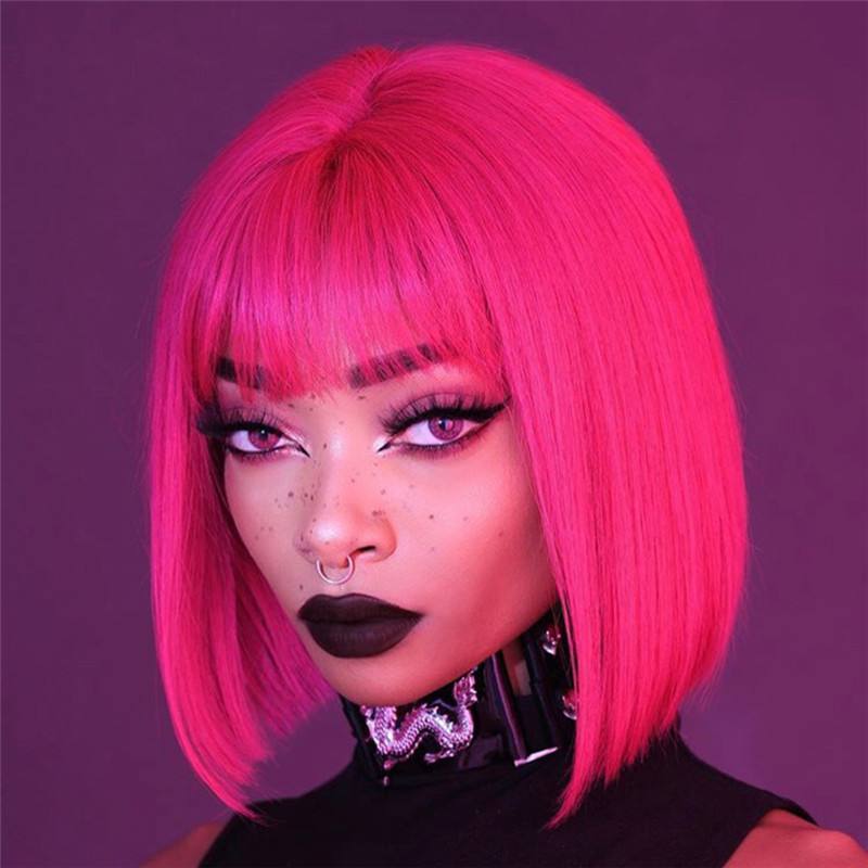 Lace Front Human Hair Wigs With Bangs Transparent Lace For Black Women Brazilian Remy Hotpink Short Bob Wigs Preplucked