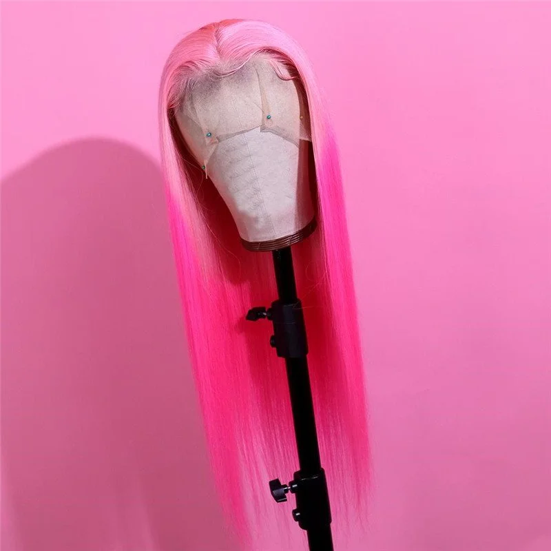 Pink Ombre Rose Pink Long Straight Lace Front13x4x1 T Part Lace wigs For Black Women