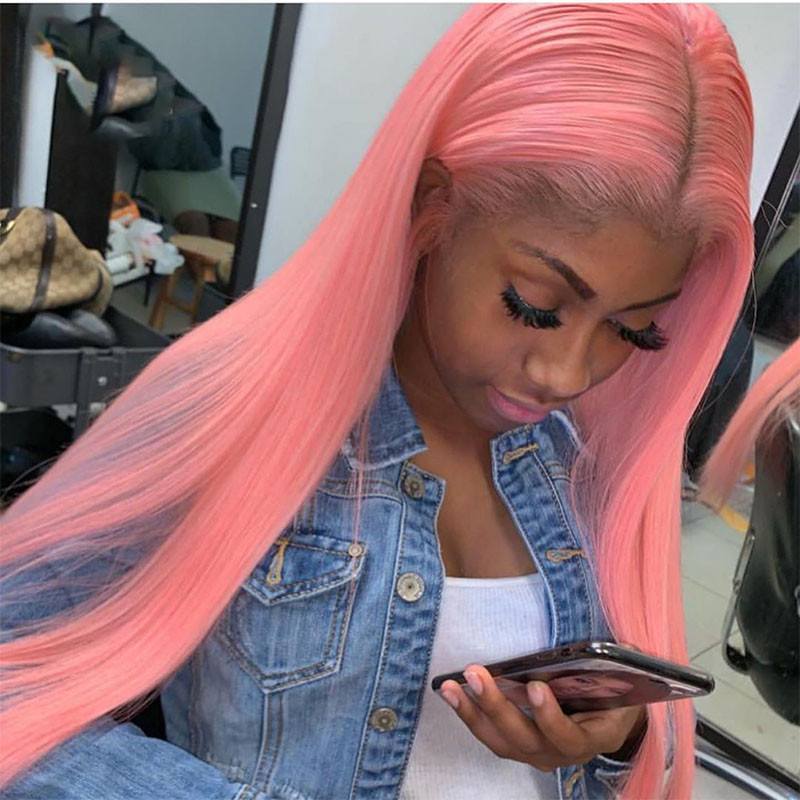 Pink Wig Human Hair Long Straight Lace Front Wig Brazilian Remy Pink Colored Human Hair Wigs For Women Preplucked With Baby Hair