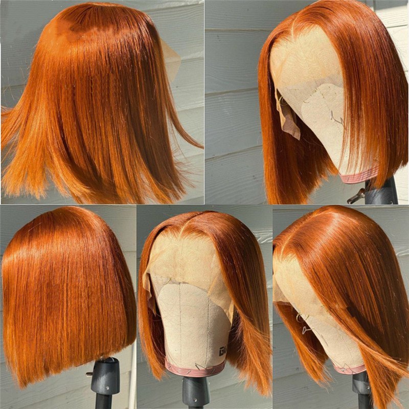 Orange Ginger Blunt Cut Summer Human Hair Lace Front Wigs Blunt Bob Cut Orange Preplucked Lace Frontal Wigs