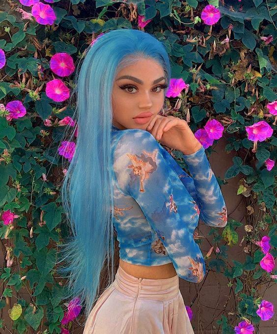 Long Straight Light Blue Straight Lace Front Wig Pre-Pluck Hairline Brazilian Virgin Human Hair Transparent Lace Wigs Long Straight Lace Front Wig Blu