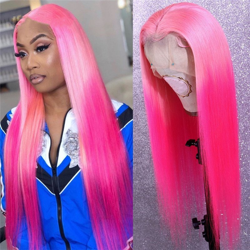 Pink Ombre Rose Pink Long Straight Lace Front13x4x1 T Part Lace wigs For Black Women