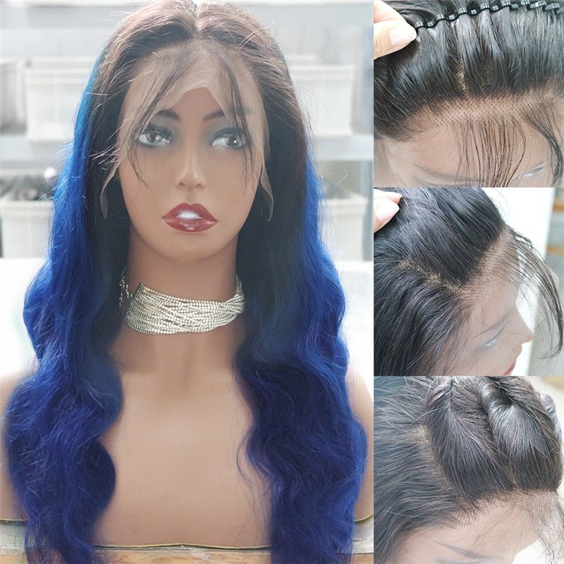 Ombre Dark Blue Wig Human Hair Wigs For Women Blue Color Dark RootsBrazilian Human Hair Body Wave Lace Wig