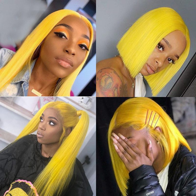 Yellow Color Wig Remy Hair Brazilian Straight Wig Colored Human Hair Wigs For Women Body Wave Wig With Transparent Lace Bob Wig