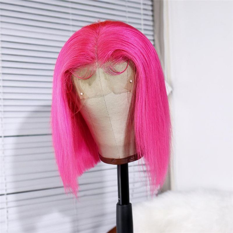 Dark Pink Bob Rose Red Brazilian Human Hair Lace Front Wig Straight Short Bob Wigs for Women