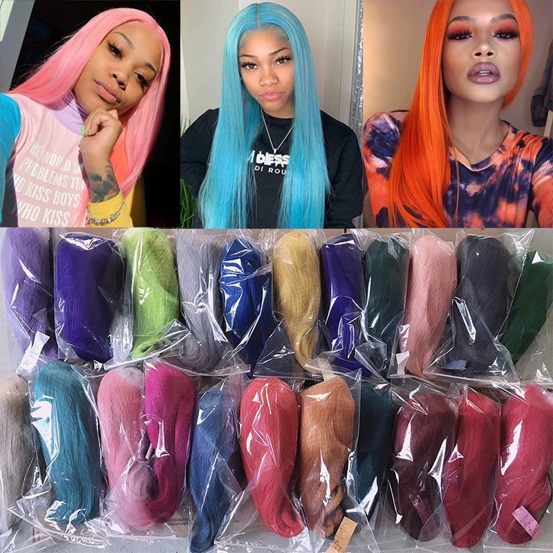 Light Blue Human Hair Wigs For Women Brazilian Remy Transparent Lace Wigs Long Straight Lace Front Wig Blue Colored Wigs 180