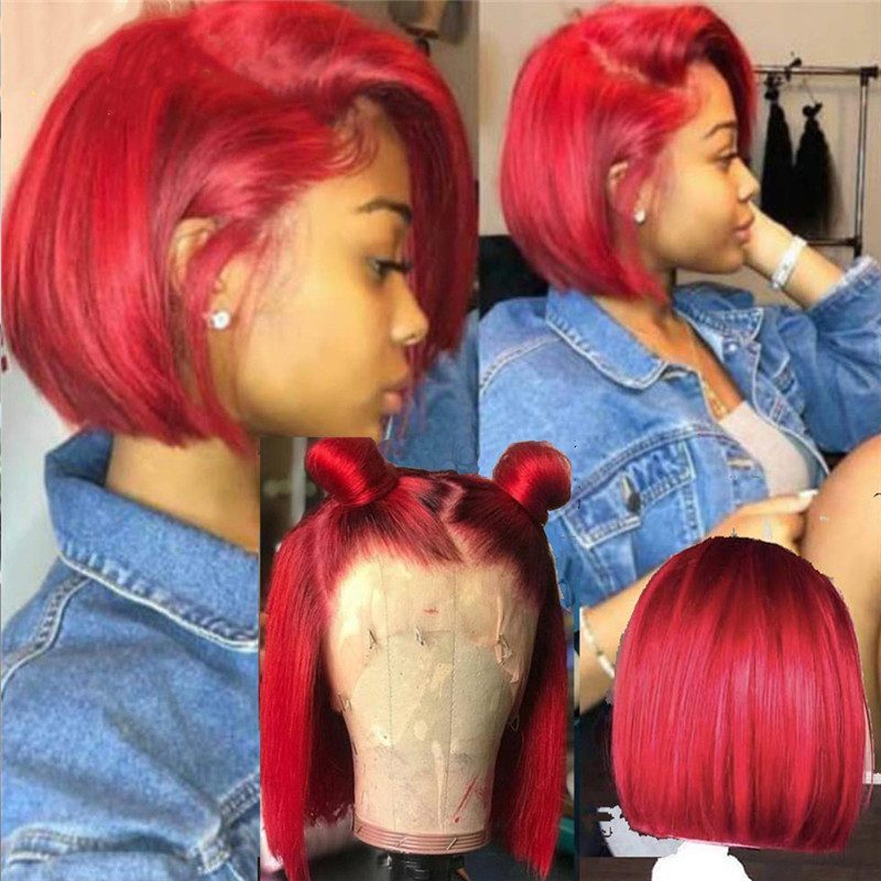 Short Red Bob Human Hair Lace Front Wigs Preplucked Lace Frontal Wigs Hair Wigs With Baby hair