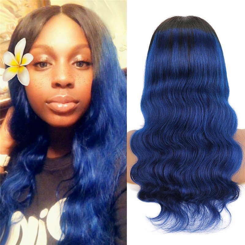 Ombre Dark Blue Wig Human Hair Wigs For Women Blue Color Dark RootsBrazilian Human Hair Body Wave Lace Wig