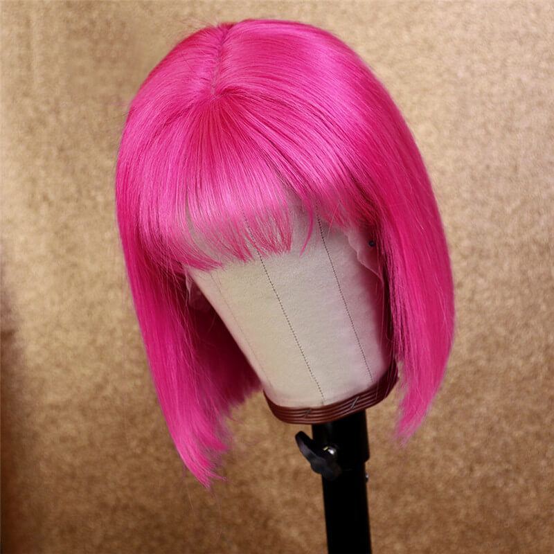 Lace Front Human Hair Wigs With Bangs Transparent Lace For Black Women Brazilian Remy Hotpink Short Bob Wigs Preplucked