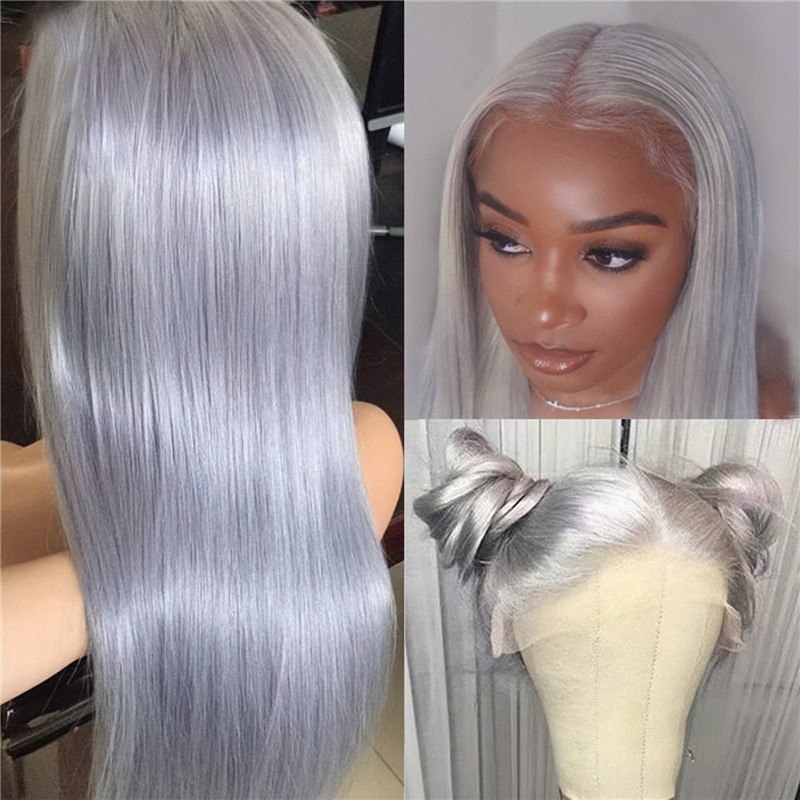 Grey Human Hair Wig Straight Lace Front Wig Brazilian Remy Transparent Lace Wigs Bob Grey Colored Human Hair Wigs For Women