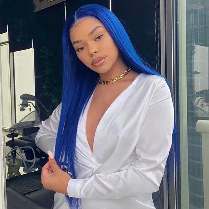 Blue Straight Wig Human Hair Remy Brazilian Part Lace Wig Blue Colored Wigs Transparent Lace Front Human Hair Wigs Pre Plucked