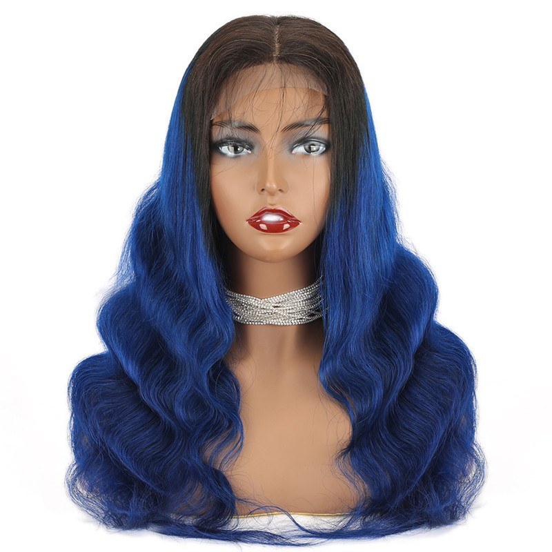 Ombre Dark Blue Wig Human Hair Wigs For Women Blue Color Dark RootsBrazilian Human Hair Body Wave Lace Wig