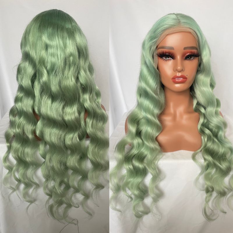 Human Hair Mint Green Color Lace Front Bob Wig With Bang