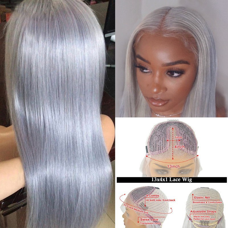 Grey Color Lace Closure Wig Middle Part Straight Lace Front Human Hair Wigs For Women Grey Bob Wig Pre Plucked Brazilian Remy