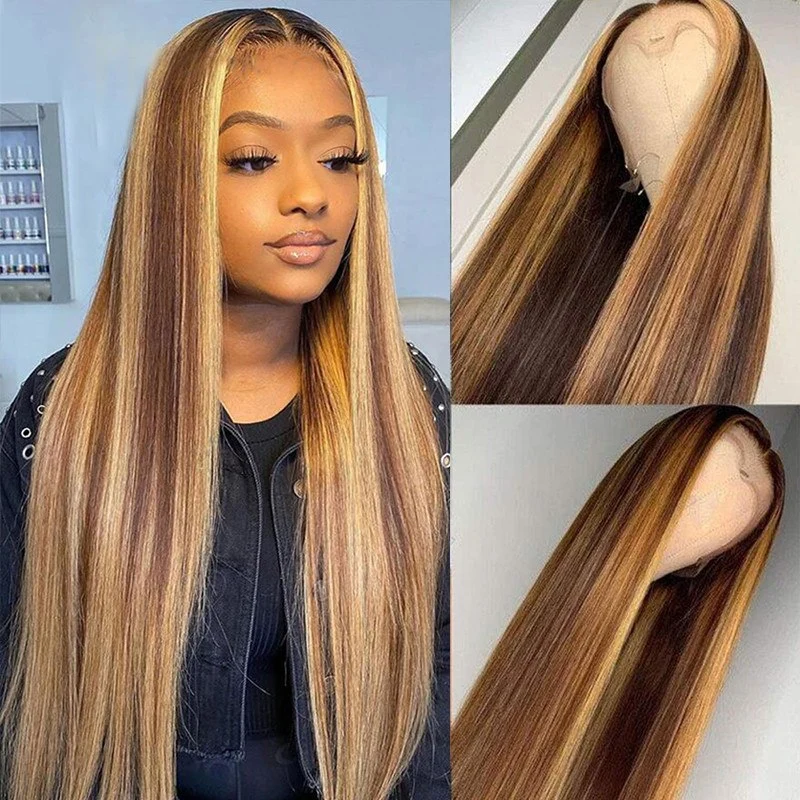 Honey Blonde Brown Ombre Highlight Lace Front Human Hair Wigs For Women Straight Lace Front Wig Pre Plucked Brazilian Remy Hair
