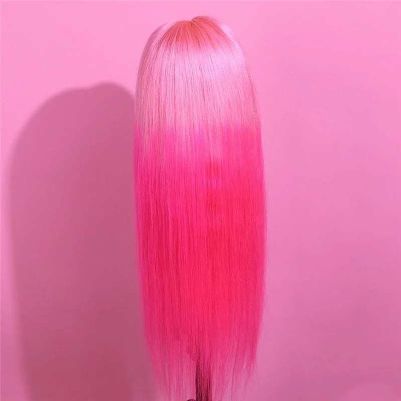 Pink Ombre Rose Pink Long Straight Lace Front13x4x1 T Part Lace wigs For Black Women