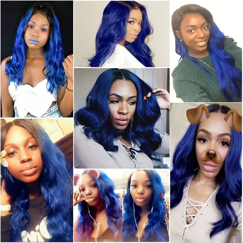 Ombre Dark Blue Wig Human Hair Wigs For Women Blue Color Dark RootsBrazilian Human Hair Body Wave Lace Wig