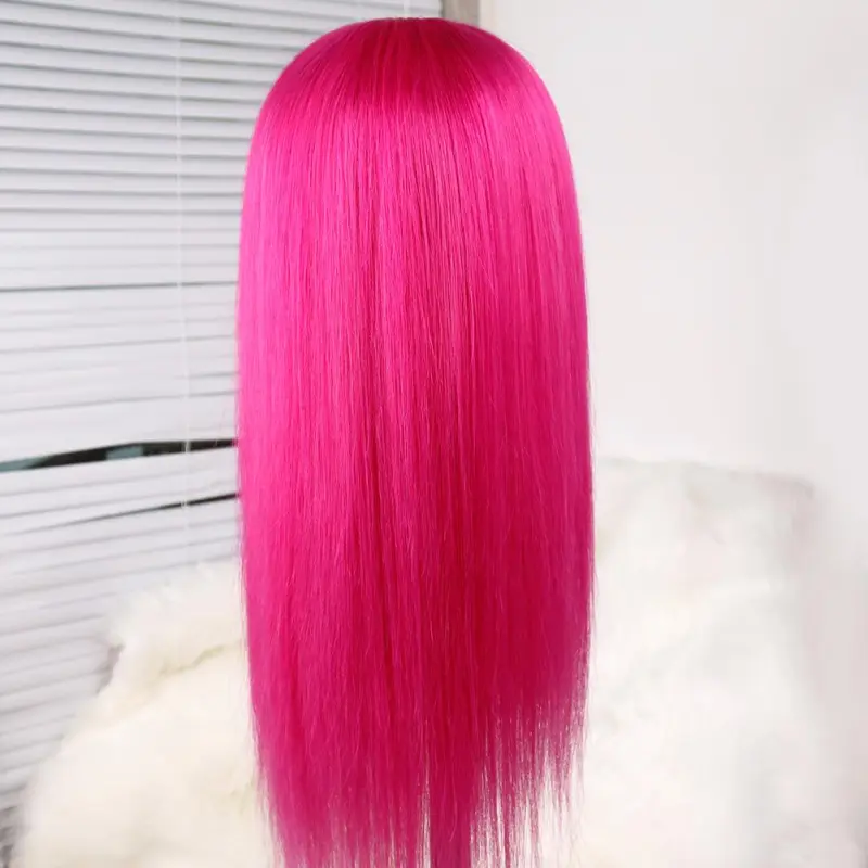 Dark Pink Long Straight Lace Front 13x4 T Part LaceGlueless Rose Pink Wig Pre-Pluck Hairline Virgin Human Hair