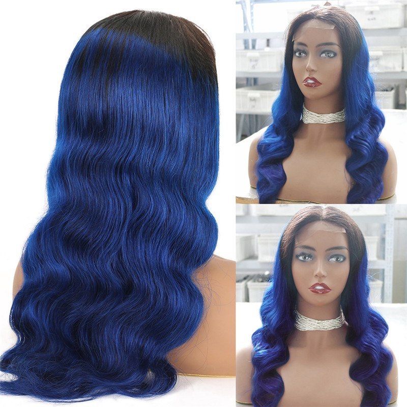 Ombre Dark Blue Wig Human Hair Wigs For Women Blue Color Dark RootsBrazilian Human Hair Body Wave Lace Wig