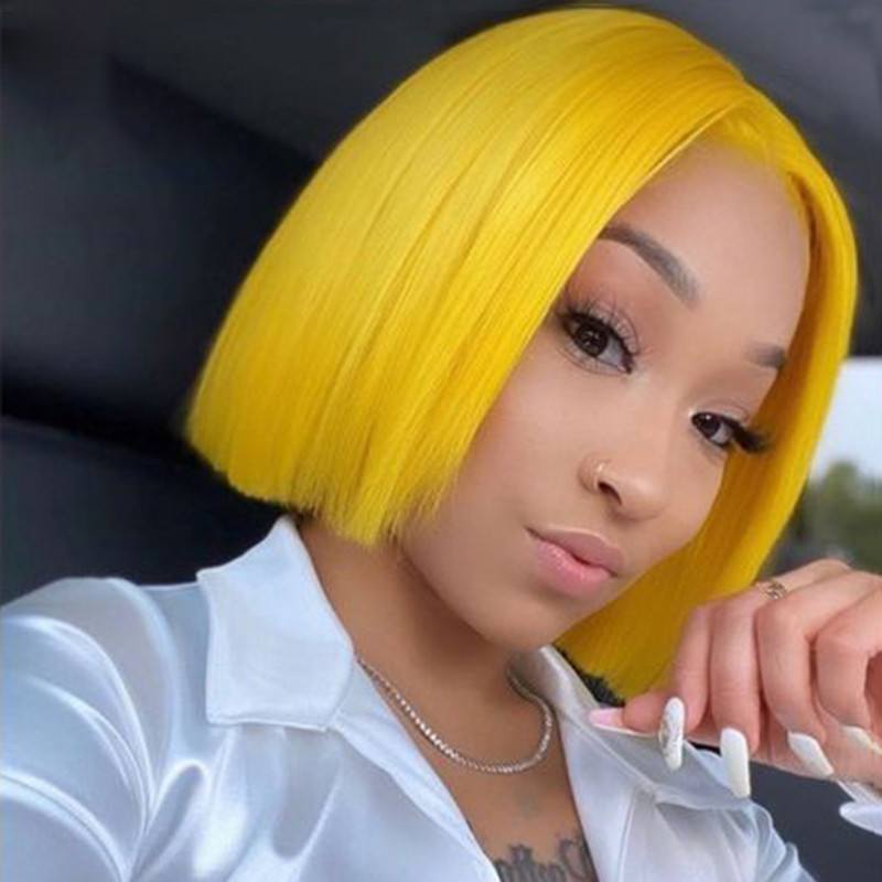 Yellow Color Wig Remy Hair Brazilian Straight Wig Colored Human Hair Wigs For Women Body Wave Wig With Transparent Lace Bob Wig