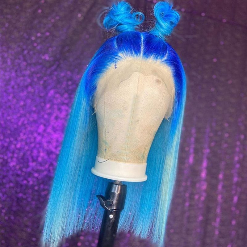 150% Density Bob Lace Front Wigs Blue Ombre Colored Straight Human Hair Wig 13x4 Lace Front Wig Pre Plucked