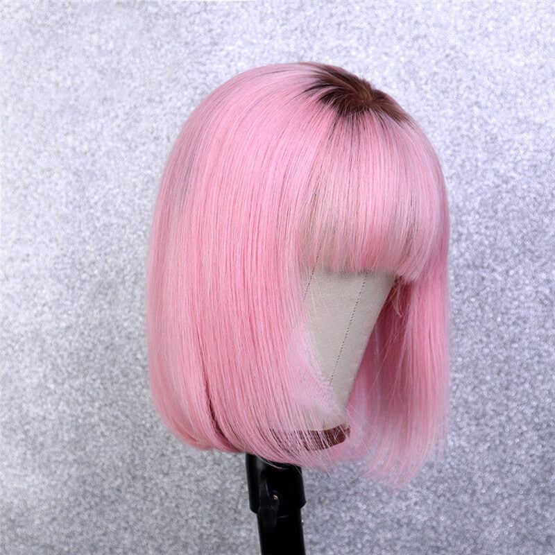 Lace Front Human Hair Wigs With Bangs Brazilian Remy Glueless Ombre Pink Short Bob Wigs For Black Women