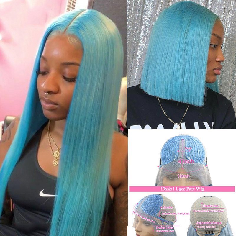 Light Blue Human Hair Wigs For Women Brazilian Remy Transparent Lace Wigs Long Straight Lace Front Wig Blue Colored Wigs 180