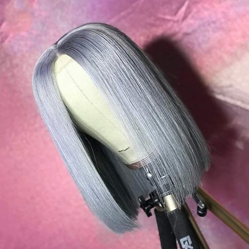 Grey Color Lace Closure Wig Middle Part Straight Lace Front Human Hair Wigs For Women Grey Bob Wig Pre Plucked Brazilian Remy