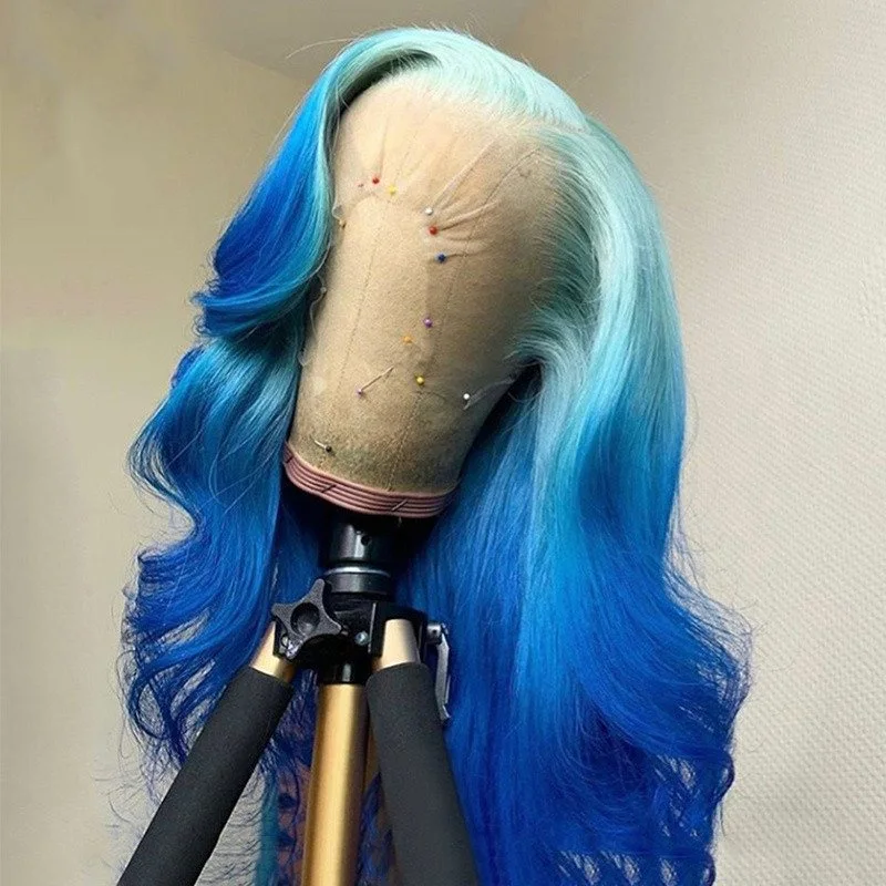 Ombre Blue Color Human Hair Wigs For Women 13x4 Lace Front Wig Brazilian Remy Body Wave Lace Front Wig Pre Plucked