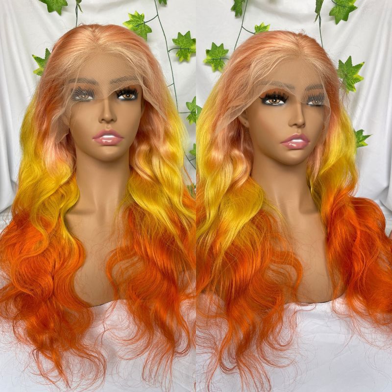 Omber Pink Yellow Orangered Human Virgin Hair Pre Plucked Lace Front Wig For Black Woman