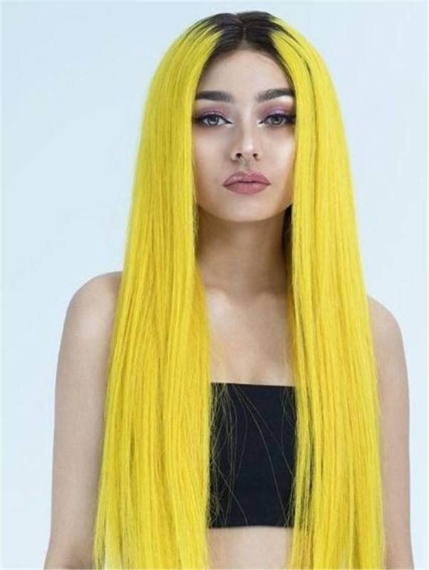 Ombre Yellow Straight Human Hair Wig With Black Roots Wig With Baby Hair Brazilian Remy Lace Wigs