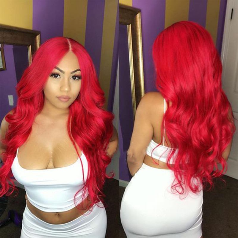 Red Burgundy Brazilian Body Wave Colored Lace Front 13x4 T Part LaceHuman Hair Wig