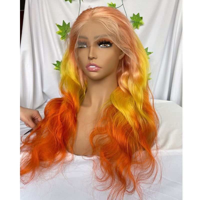 Omber Pink Yellow Orangered Human Virgin Hair Pre Plucked Lace Front Wig For Black Woman