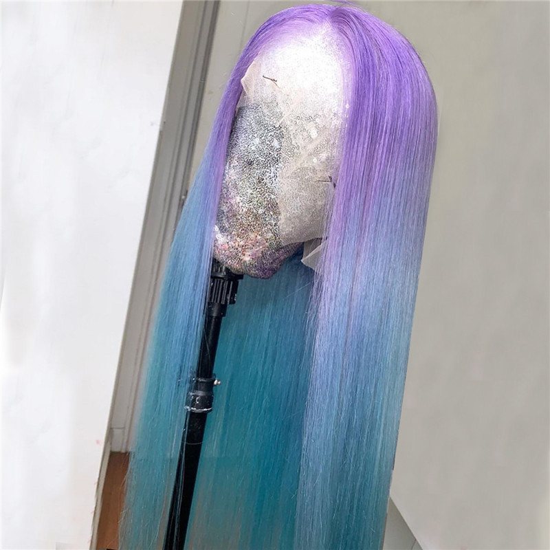 Blue Short Lace Front Human Hair Wigs Brazilian Straight Remy Ombre Bob Wig Ombre Blue Colored Lace Front Wigs