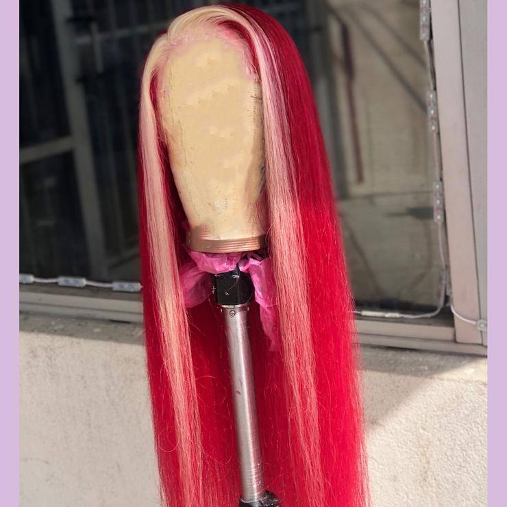 Ombre Wig Red Highlight Pink Body Wave & Straight Virgin Human Hair Lace Front Wig With Baby Hair