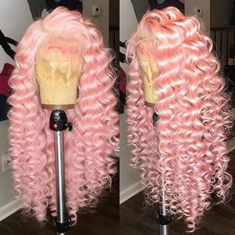 Pink Color Culry Human Hair Wig Remy Brazilian Colored Wigs For Women Deep Curly Lace Front Wig Transparent Lace Wigs