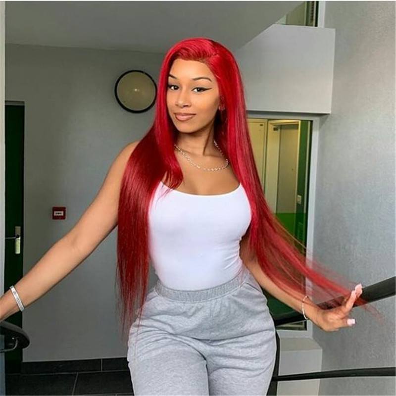 Red Long Straight Lace Front Wigs Brazilian Virgin Human Hair Glueless Pre Plucked Lace Front