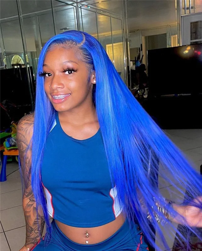 Blue Lace Front Wigs Brazilian Remy Human Hair Glueless Pre Plucked