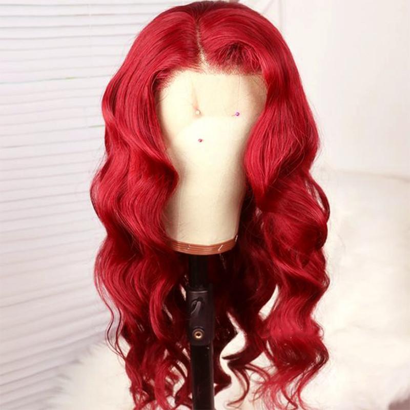 Red Burgundy Brazilian Body Wave Colored Lace Front 13x4 T Part LaceHuman Hair Wig