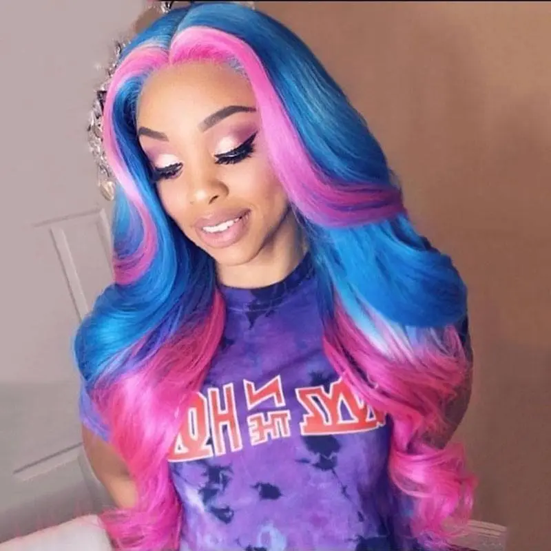 Ombre Pink Blue Colored Human Hair Wigs Brazilian Remy Transparent Lace Wigs For Women Pre Plucked Body Wave Wig 200 Density